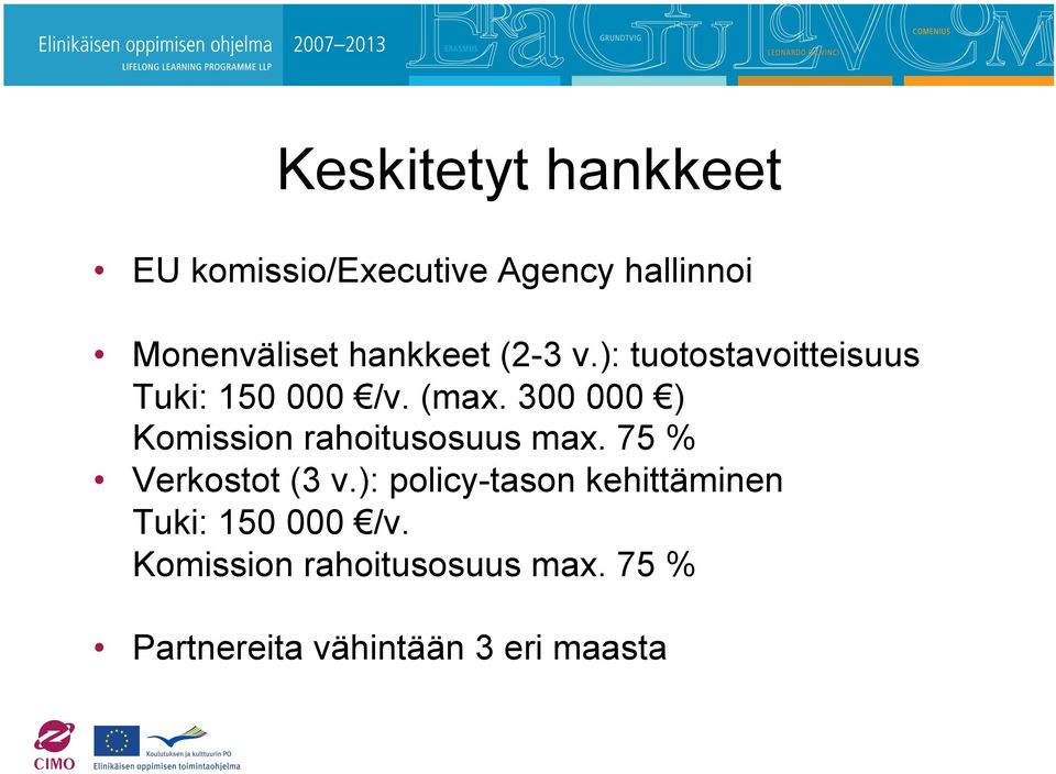 300 000 ) Komission rahoitusosuus max. 75 % Verkostot (3 v.