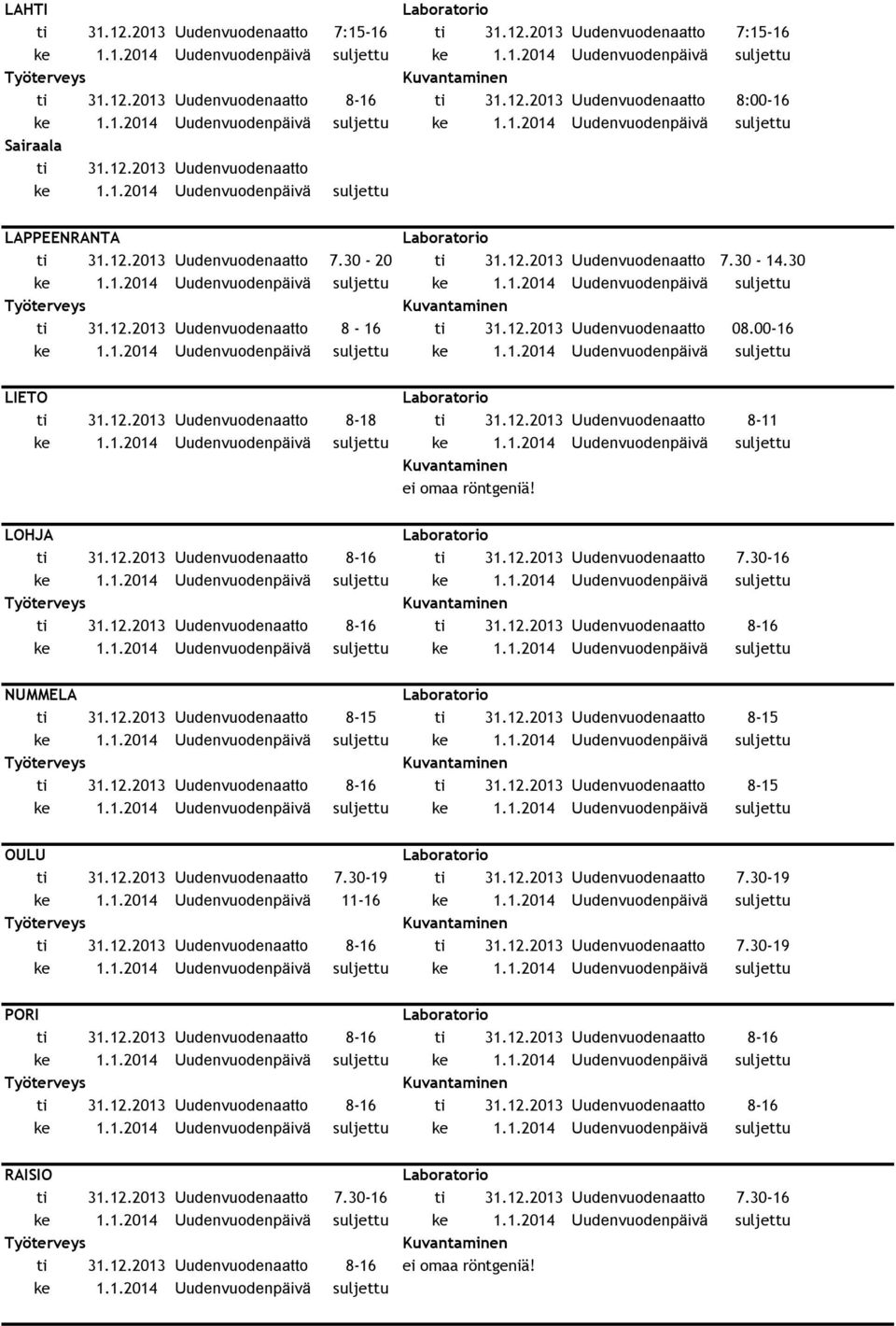 LOHJA ti 31.12.2013 Uudenvuodenaatto 7.30-16 NUMMELA ti 31.12.2013 Uudenvuodenaatto 8-15 ti 31.12.2013 Uudenvuodenaatto 8-15 ti 31.12.2013 Uudenvuodenaatto 8-15 OULU ti 31.12.2013 Uudenvuodenaatto 7.30-19 ti 31.