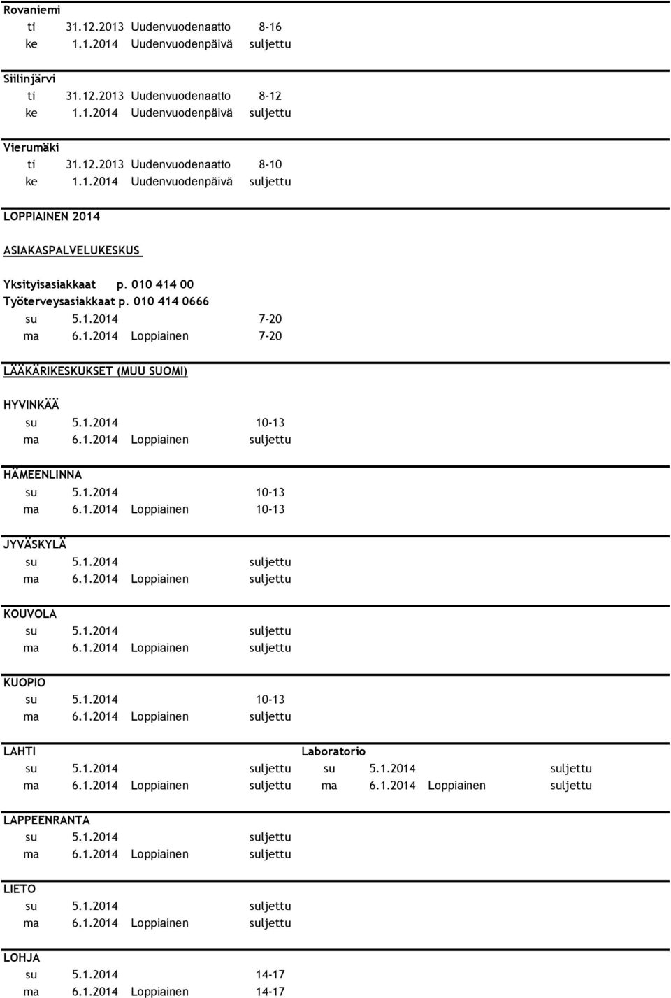 1.2014 10-13 HÄMEENLINNA su 5.1.2014 10-13 ma 6.1.2014 Loppiainen 10-13 JYVÄSKYLÄ KOUVOLA KUOPIO su 5.1.2014 10-13 LAHTI LAPPEENRANTA LIETO LOHJA su 5.