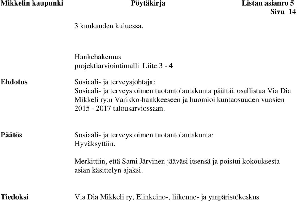 osallistua Via Dia Mikkeli ry:n Varikko-hankkeeseen ja huomioi kuntaosuuden vuosien 2015-2017 talousarviossaan.