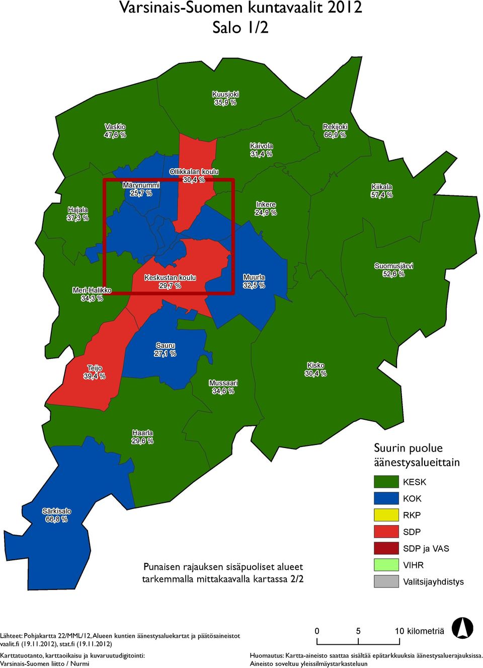 32,5 % Suomusjärvi 52,6 % Sauru 27,1 % Teijo 39,4 % Mussaari 34,6 % Kisko 30,4 % Haarla 29,6 % Särkisalo