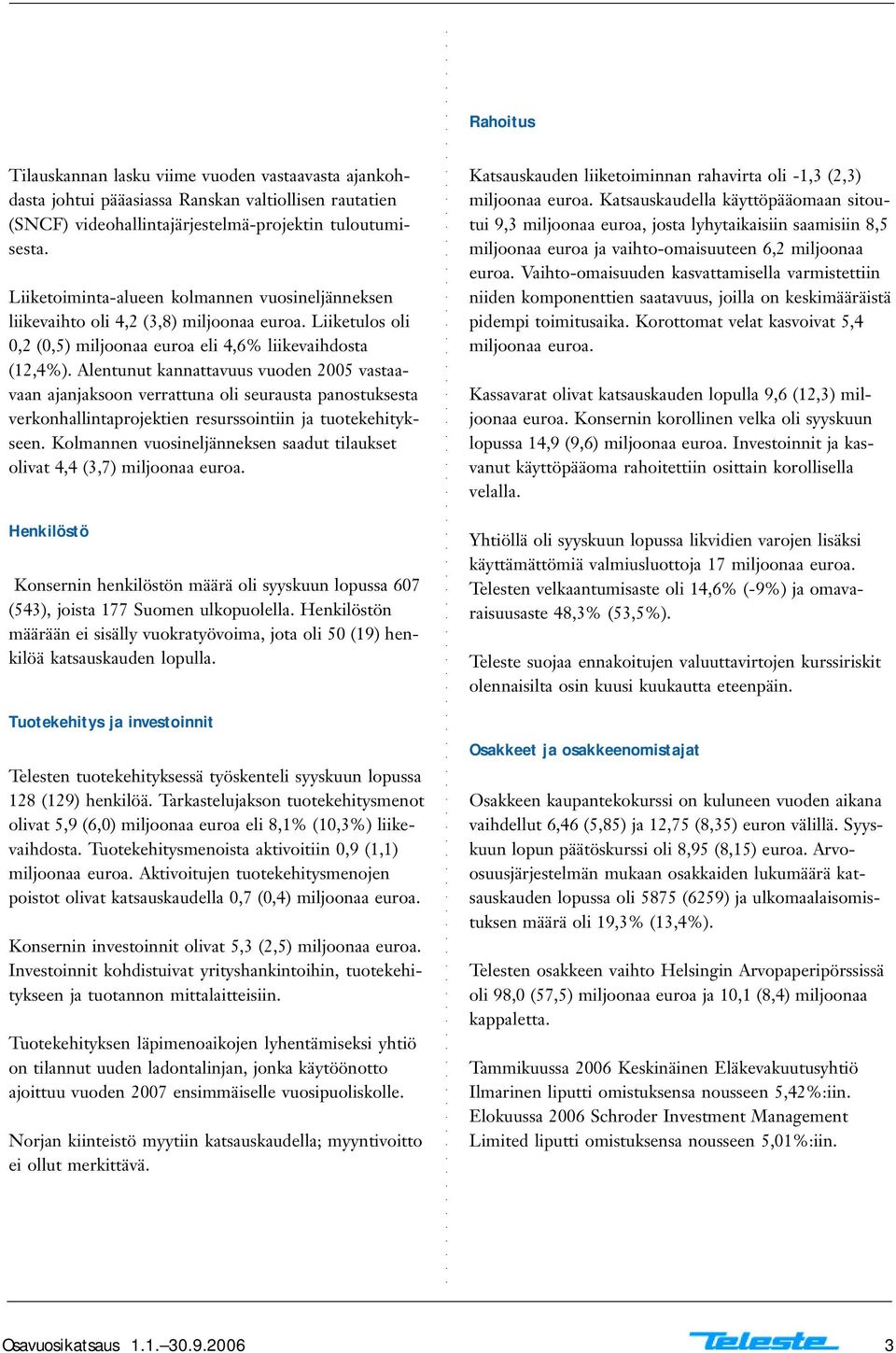 Alentunut kannattavuus vuoden 2005 vastaavaan ajanjaksoon verrattuna oli seurausta panostuksesta verkonhallintaprojektien resurssointiin ja tuotekehitykseen.