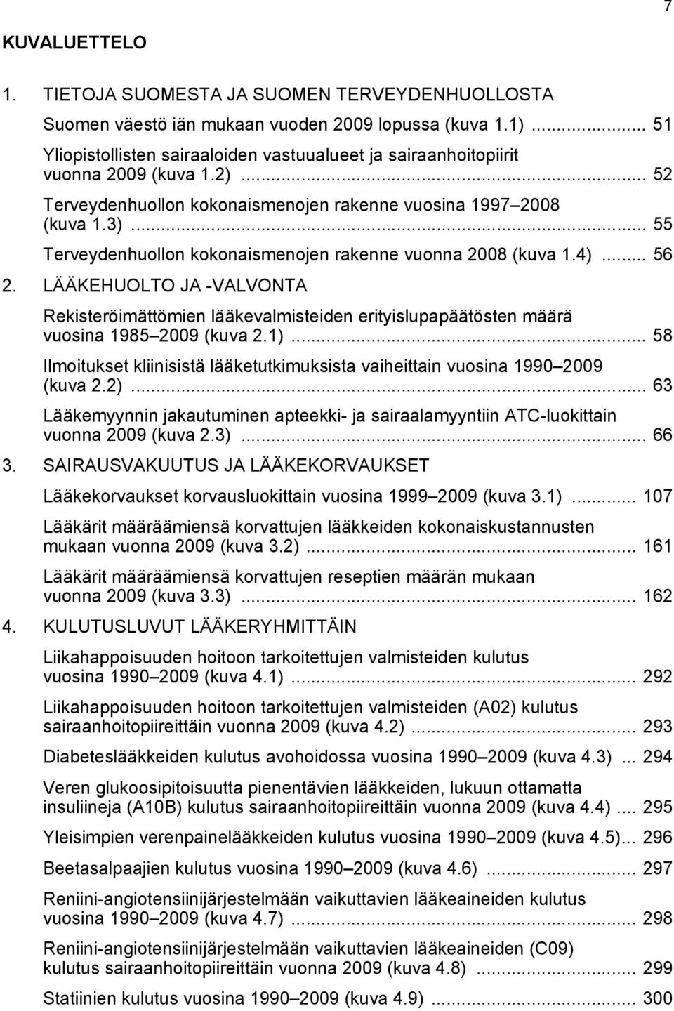 .. 55 Terveydenhuollon kokonaismenojen rakenne vuonna 2008 (kuva 1.4)... 56 2. LÄÄKEHUOLTO JA -VALVONTA Rekisteröimättömien lääkevalmisteiden erityislupapäätösten määrä vuosina 1985 2009 (kuva 2.1).