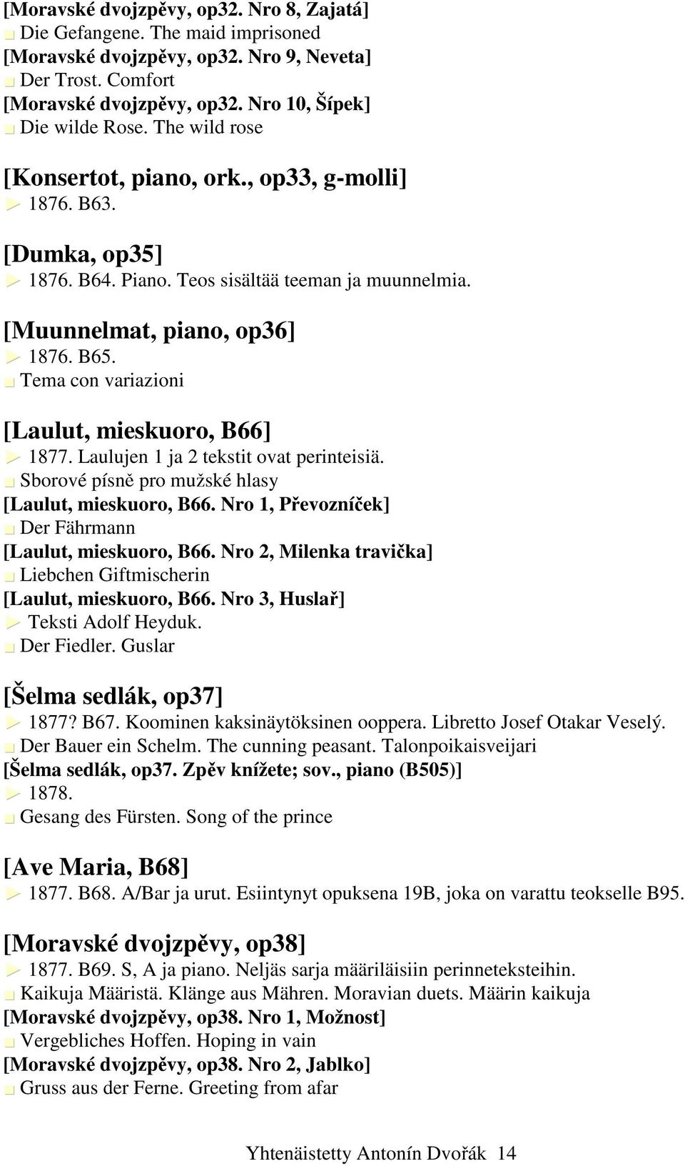 Tema con variazioni [Laulut, mieskuoro, B66] 1877. Laulujen 1 ja 2 tekstit ovat perinteisiä. Sborové písn pro muñské hlasy [Laulut, mieskuoro, B66.