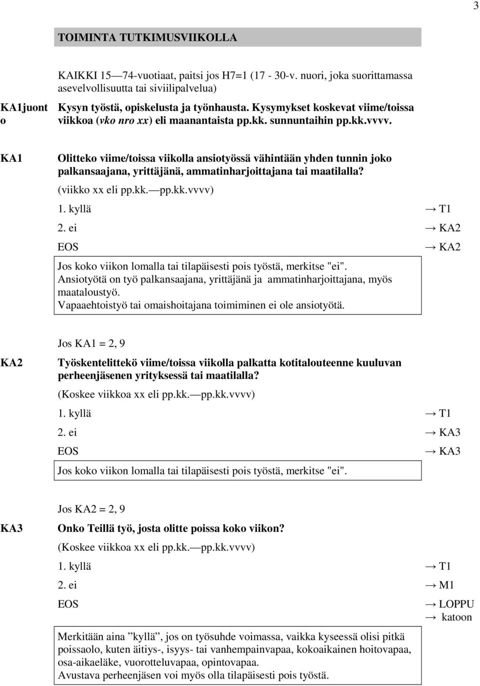 KA1 Olitteko viime/toissa viikolla ansiotyössä vähintään yhden tunnin joko palkansaajana, yrittäjänä, ammatinharjoittajana tai maatilalla? (viikko