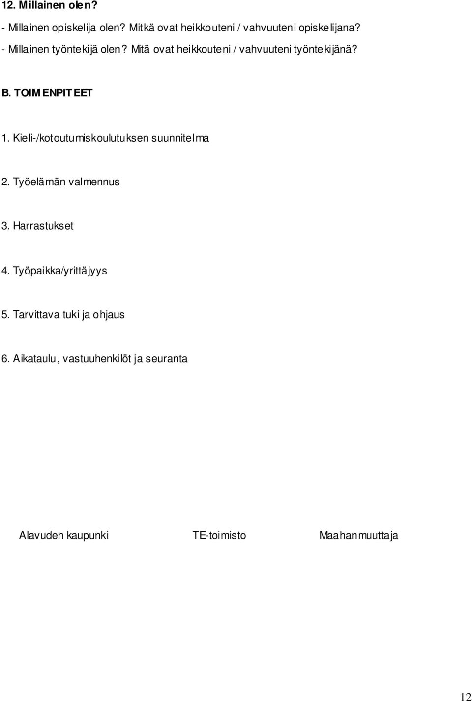 Kieli-/kotoutumiskoulutuksen suunnitelma 2. Työelämän valmennus 3. Harrastukset 4.