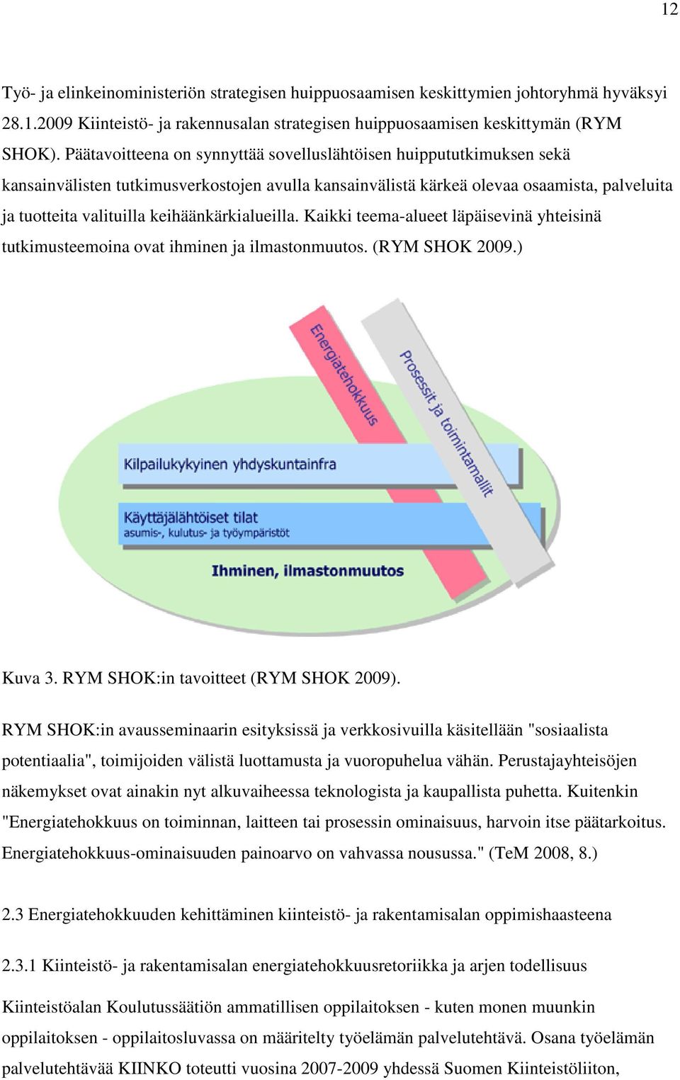 keihäänkärkialueilla. Kaikki teema-alueet läpäisevinä yhteisinä tutkimusteemoina ovat ihminen ja ilmastonmuutos. (RYM SHOK 2009.) Kuva 3. RYM SHOK:in tavoitteet (RYM SHOK 2009).