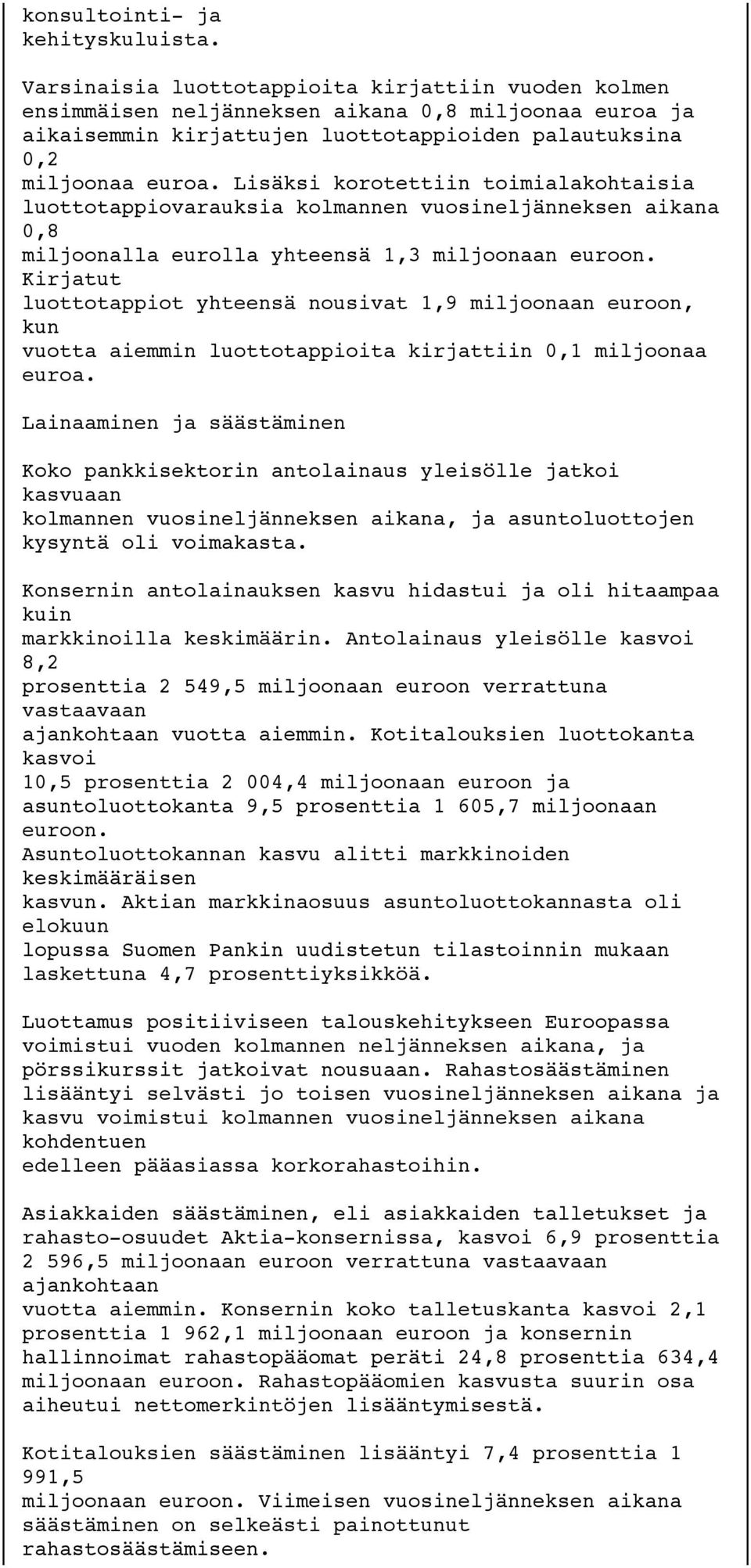 Lisäksi korotettiin toimialakohtaisia luottotappiovarauksia kolmannen vuosineljänneksen aikana 0,8 miljoonalla eurolla yhteensä 1,3 miljoonaan euroon.