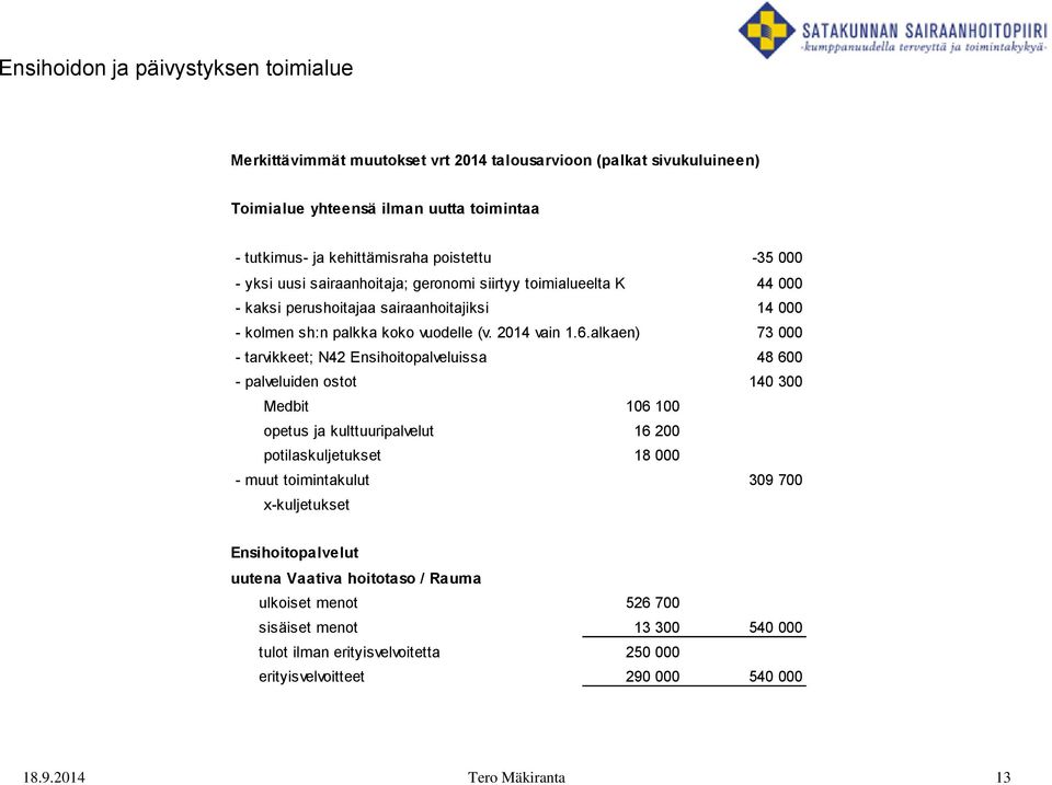 alkaen) 73 000 - tarvikkeet; N42 Ensihoitopalveluissa 48 600 - palveluiden ostot 140 300 Medbit 106 100 opetus ja kulttuuripalvelut 16 200 potilaskuljetukset 18 000 - muut toimintakulut 309 700