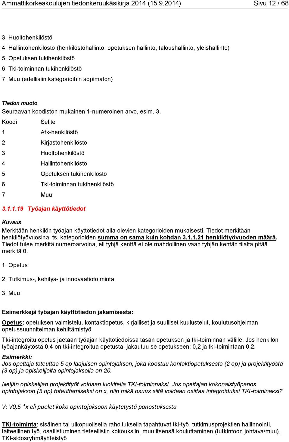 Koodi Selite 1 Atk-henkilöstö 2 Kirjastohenkilöstö 3 Huoltohenkilöstö 4 Hallintohenkilöstö 5 Opetuksen tukihenkilöstö 6 Tki-toiminnan tukihenkilöstö 7 Muu 3.1.1.19 Työajan käyttötiedot Merkitään henkilön työajan käyttötiedot alla olevien kategorioiden mukaisesti.