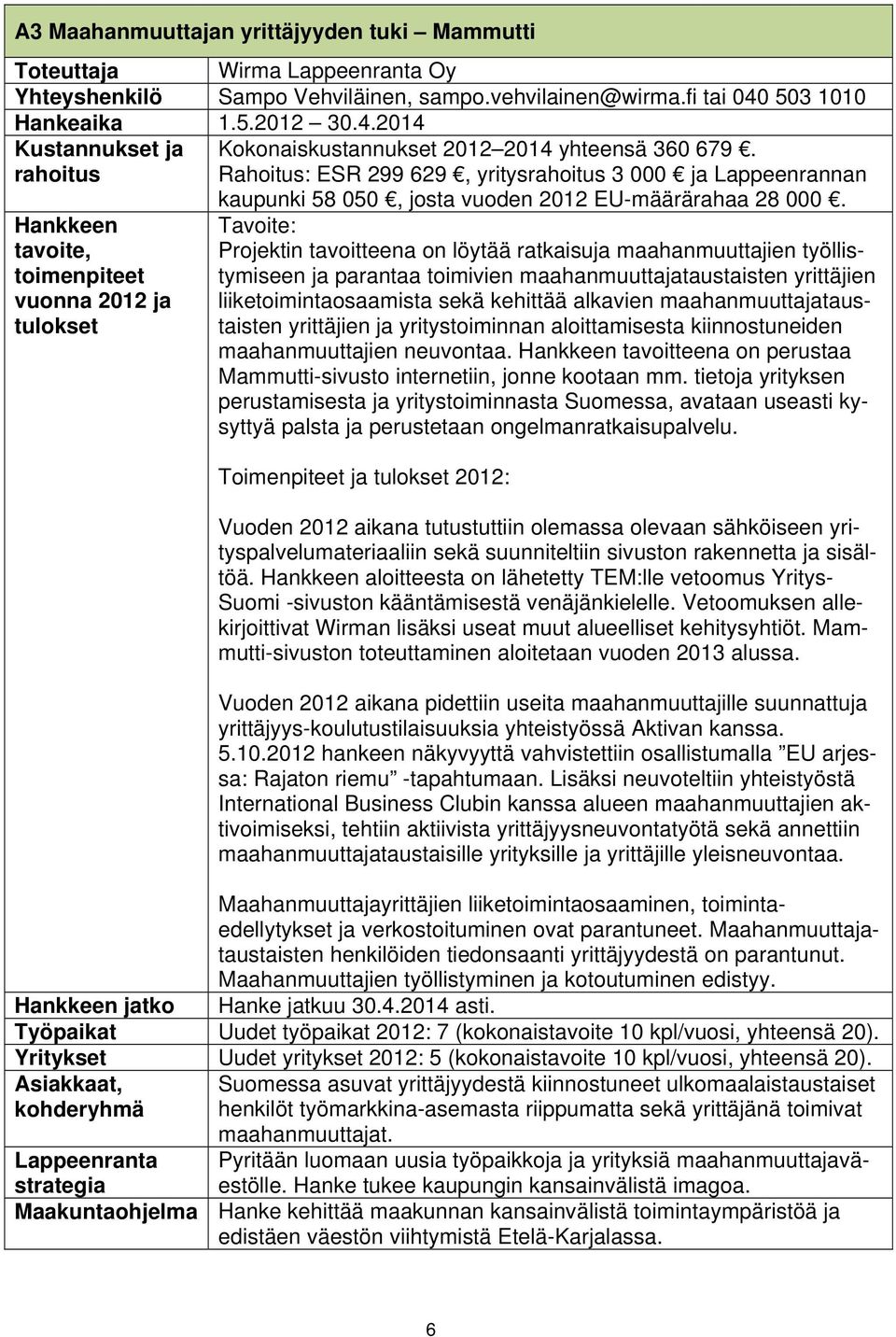 Rahoitus: ESR 299 629, yritys 3 000 ja Lappeenrannan kaupunki 58 050, josta vuoden 2012 EU-määrärahaa 28 000.