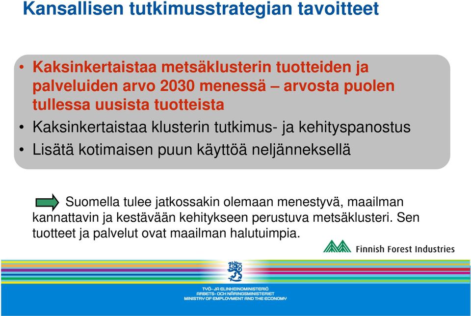 kehityspanostus Lisätä kotimaisen puun käyttöä neljänneksellä Suomella tulee jatkossakin olemaan menestyvä,