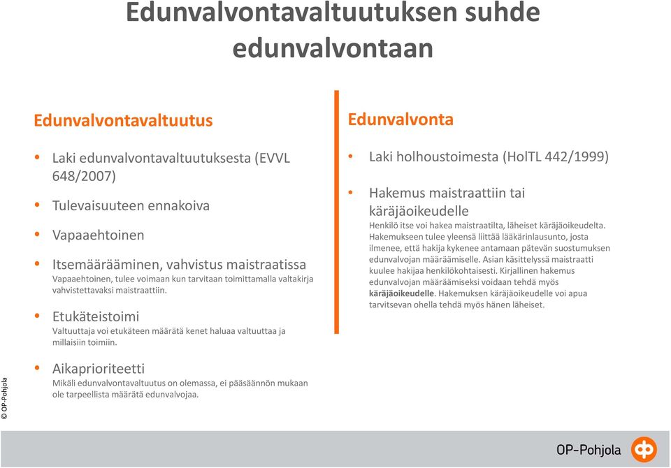 Edunvalvonta Laki holhoustoimesta (HolTL 442/1999) Hakemus maistraattiin tai käräjäoikeudelle Henkilö itse voi hakea maistraatilta, läheiset käräjäoikeudelta.