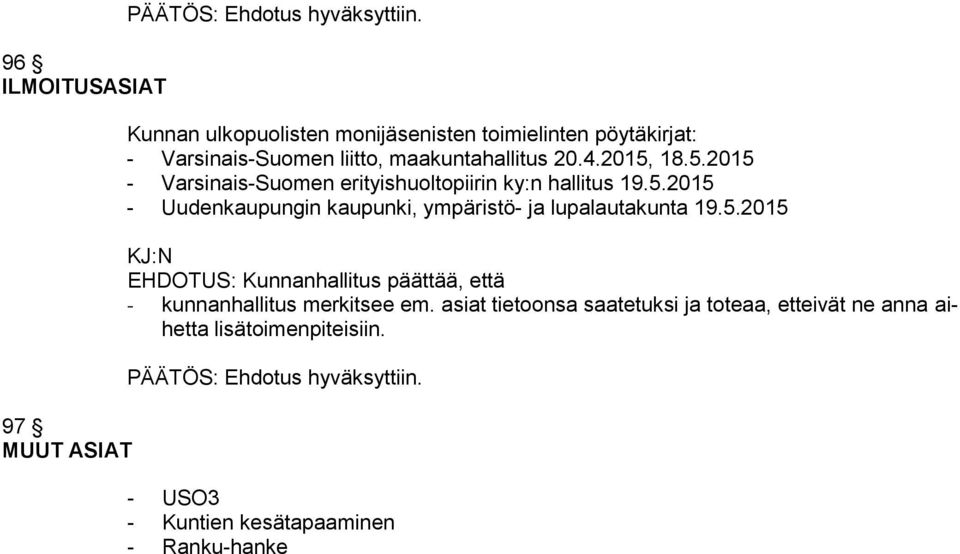 5.2015, että - kunnanhallitus merkitsee em.
