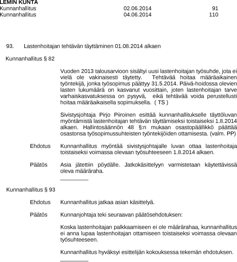 Tehtävää hoitaa määräaikainen työntekijä, jonka työsopimus päättyy 31.5.2014.