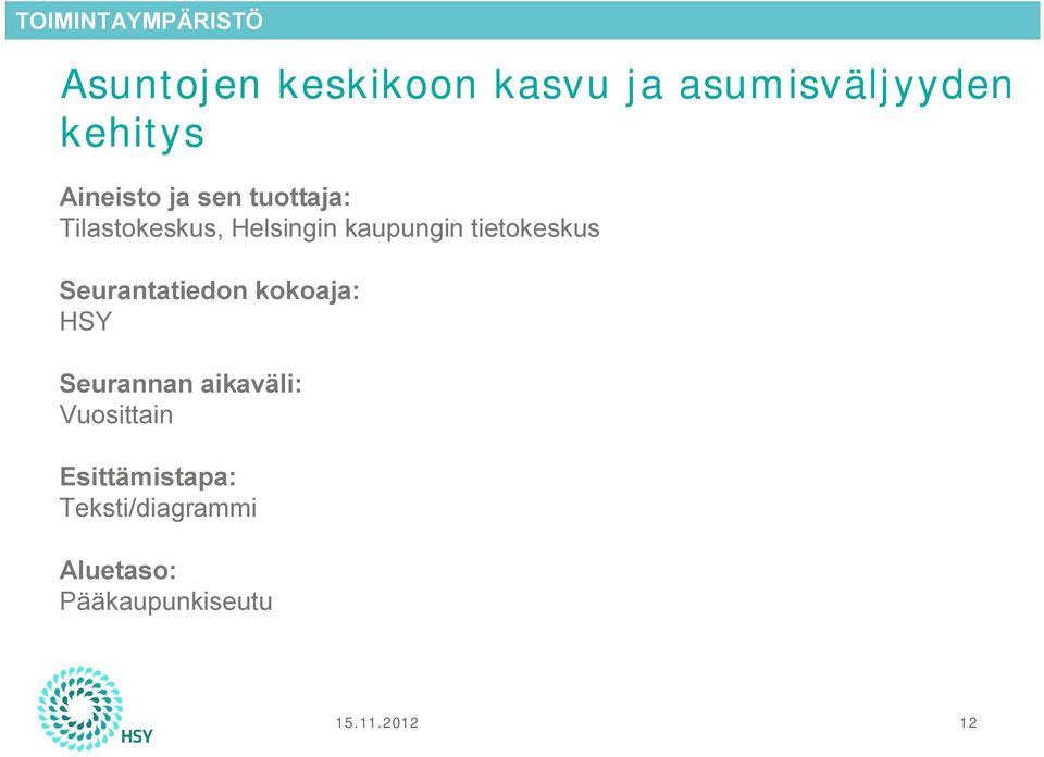 tietokeskus Seurantatiedon kokoaja: HSY Seurannan aikaväli: