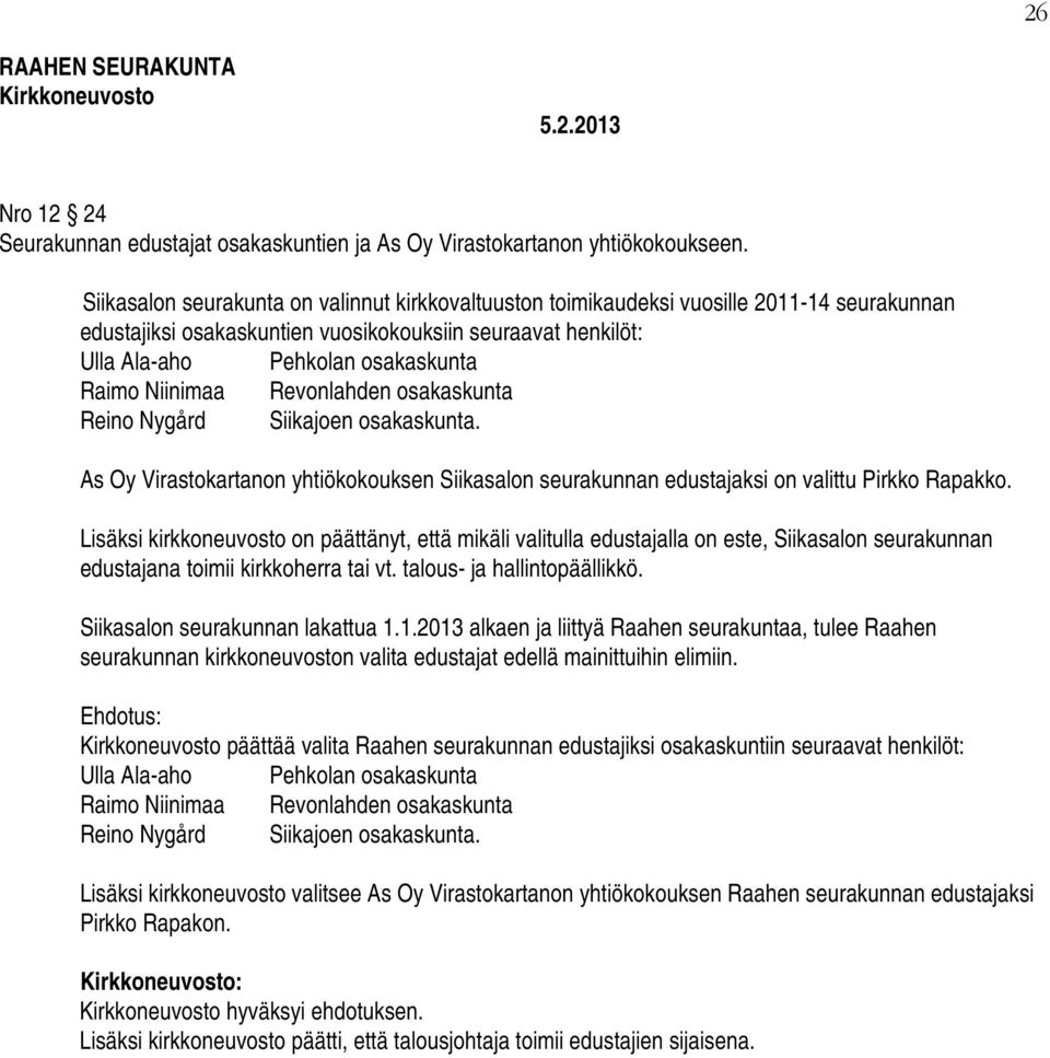 Niinimaa Revonlahden osakaskunta Reino Nygård Siikajoen osakaskunta. As Oy Virastokartanon yhtiökokouksen Siikasalon seurakunnan edustajaksi on valittu Pirkko Rapakko.