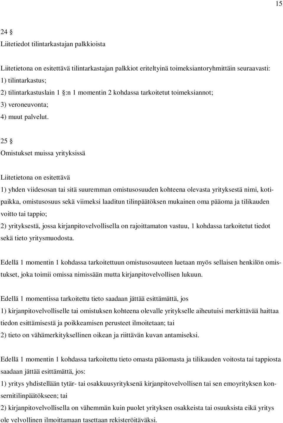 25 Omistukset muissa yrityksissä Liitetietona on esitettävä 1) yhden viidesosan tai sitä suuremman omistusosuuden kohteena olevasta yrityksestä nimi, kotipaikka, omistusosuus sekä viimeksi laaditun