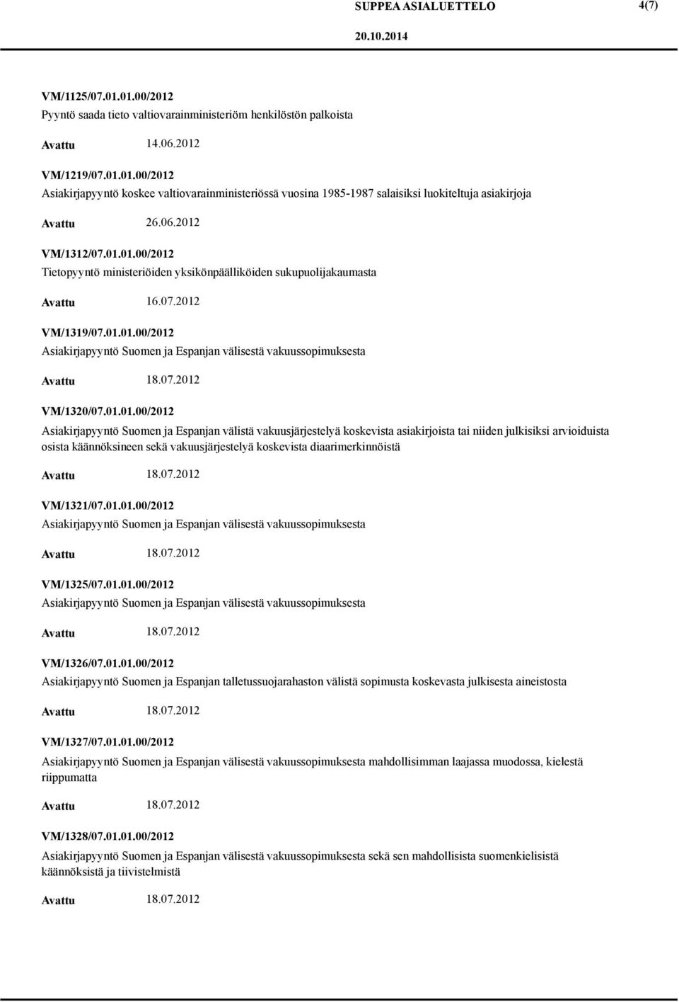 01.01.00/2012 Asiakirjapyyntö Suomen ja Espanjan välistä vakuusjärjestelyä koskevista asiakirjoista tai niiden julkisiksi arvioiduista osista käännöksineen sekä vakuusjärjestelyä koskevista