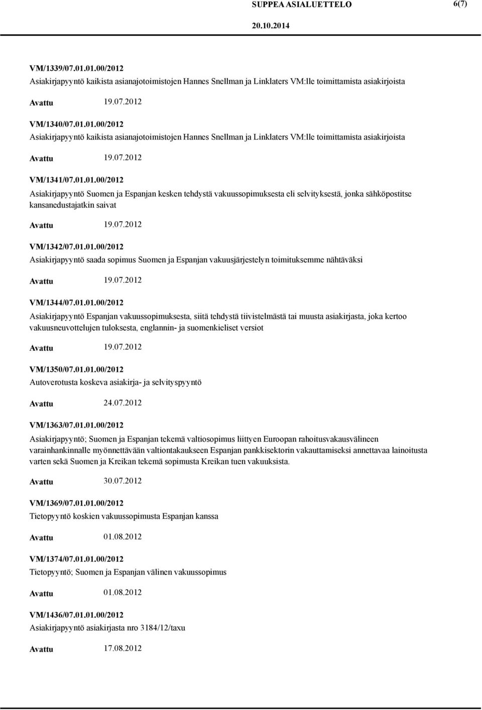 01.01.00/2012 Asiakirjapyyntö Espanjan vakuussopimuksesta, siitä tehdystä tiivistelmästä tai muusta asiakirjasta, joka kertoo vakuusneuvottelujen tuloksesta, englannin- ja suomenkieliset versiot