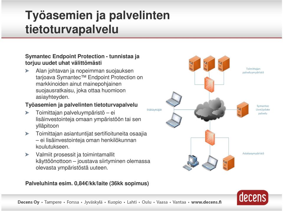 Työasemien ja palvelinten tietoturvapalvelu Toimittajan palveluympäristö ei lisäinvestointeja omaan ympäristöön tai sen ylläpitoon Toimittajan asiantuntijat