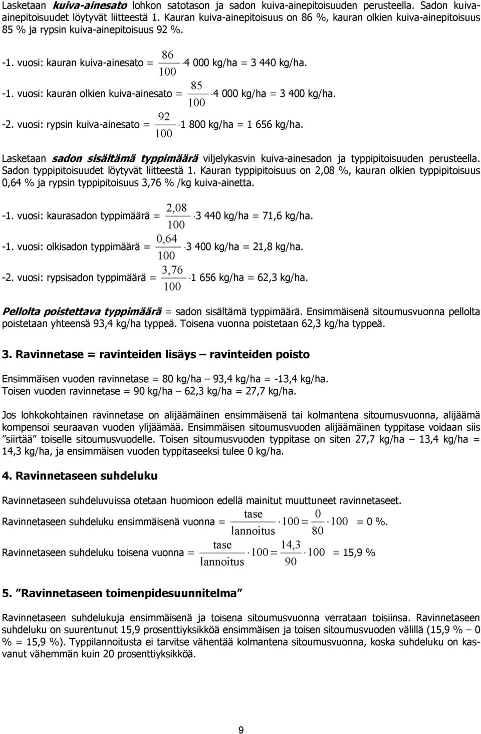 vuosi: kauran olkien kuiva-ainesato = 4 000 kg/ha = 3 400 kg/ha. 92-2. vuosi: rypsin kuiva-ainesato = 1 800 kg/ha = 1 656 kg/ha.