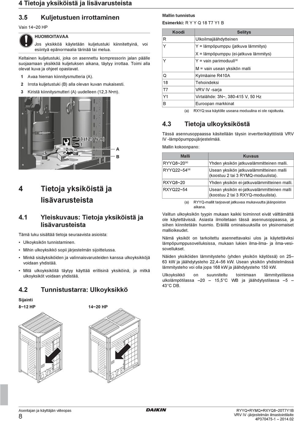 Slitys R Ulkoilmjäähyttinn Y Y = lämpöpumppu (jtkuv lämmitys) X = lämpöpumppu (i jtkuv lämmitys) Kltinn kuljtustuki, jok on snnttu komprssorin jln pääll suojmn yksikköä kuljtuksn ikn, täytyy irrott.