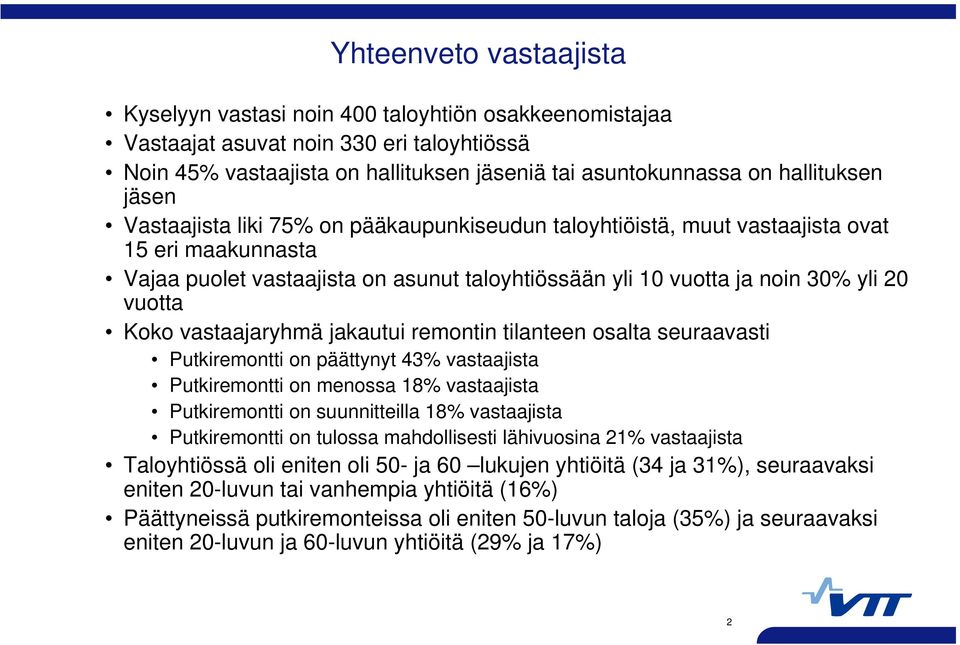 vastaajaryhmä jakautui remontin tilanteen osalta seuraavasti Putkiremontti on päättynyt 43% vastaajista Putkiremontti on menossa 18% vastaajista Putkiremontti on suunnitteilla 18% vastaajista