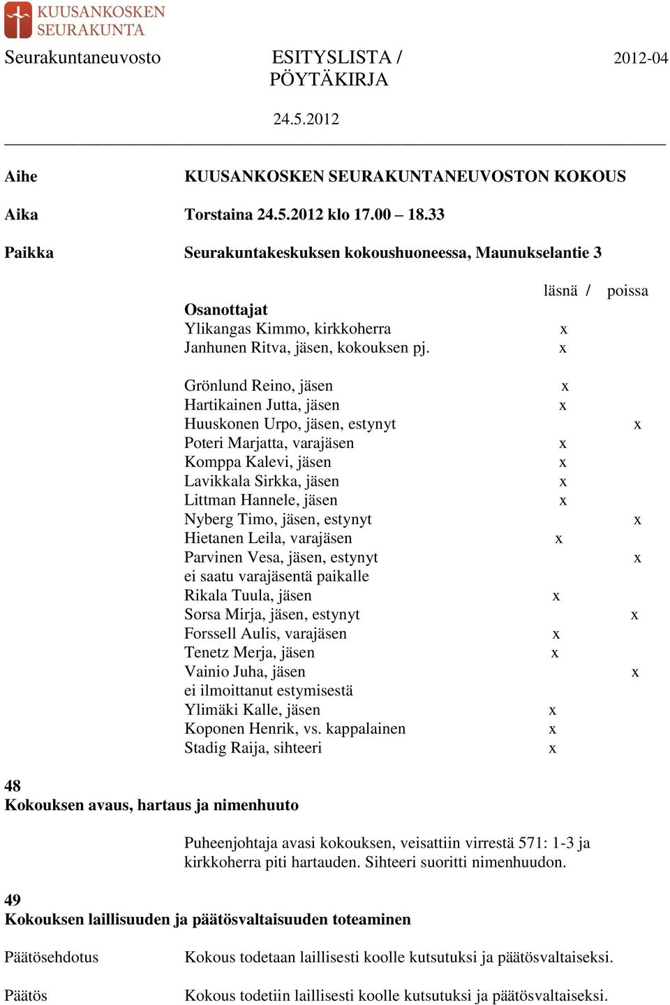 läsnä / poissa Grönlund Reino, jäsen Hartikainen Jutta, jäsen Huuskonen Urpo, jäsen, estynyt Poteri Marjatta, varajäsen Komppa Kalevi, jäsen Lavikkala Sirkka, jäsen Littman Hannele, jäsen Nyberg