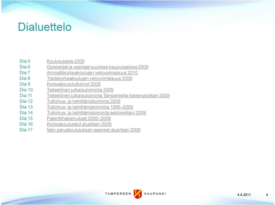 Tampereella tieteenaloittain 2009 Dia 12 Tutkimus ja kehittämistoiminta 2009 Dia 13 Tutkimus ja kehittämistoiminta 1995 2009 Dia 14 Tutkimus ja