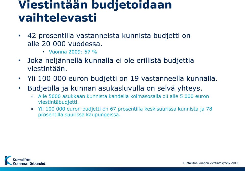 Yli 100 000 euron budjetti on 19 vastanneella kunnalla. Budjetilla ja kunnan asukasluvulla on selvä yhteys.