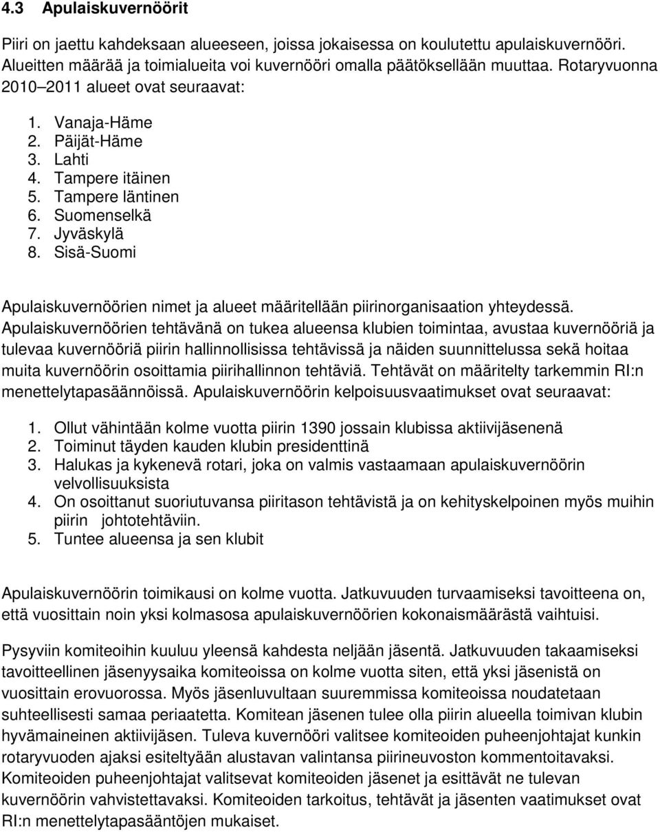 Sisä-Suomi Apulaiskuvernöörien nimet ja alueet määritellään piirinorganisaation yhteydessä.