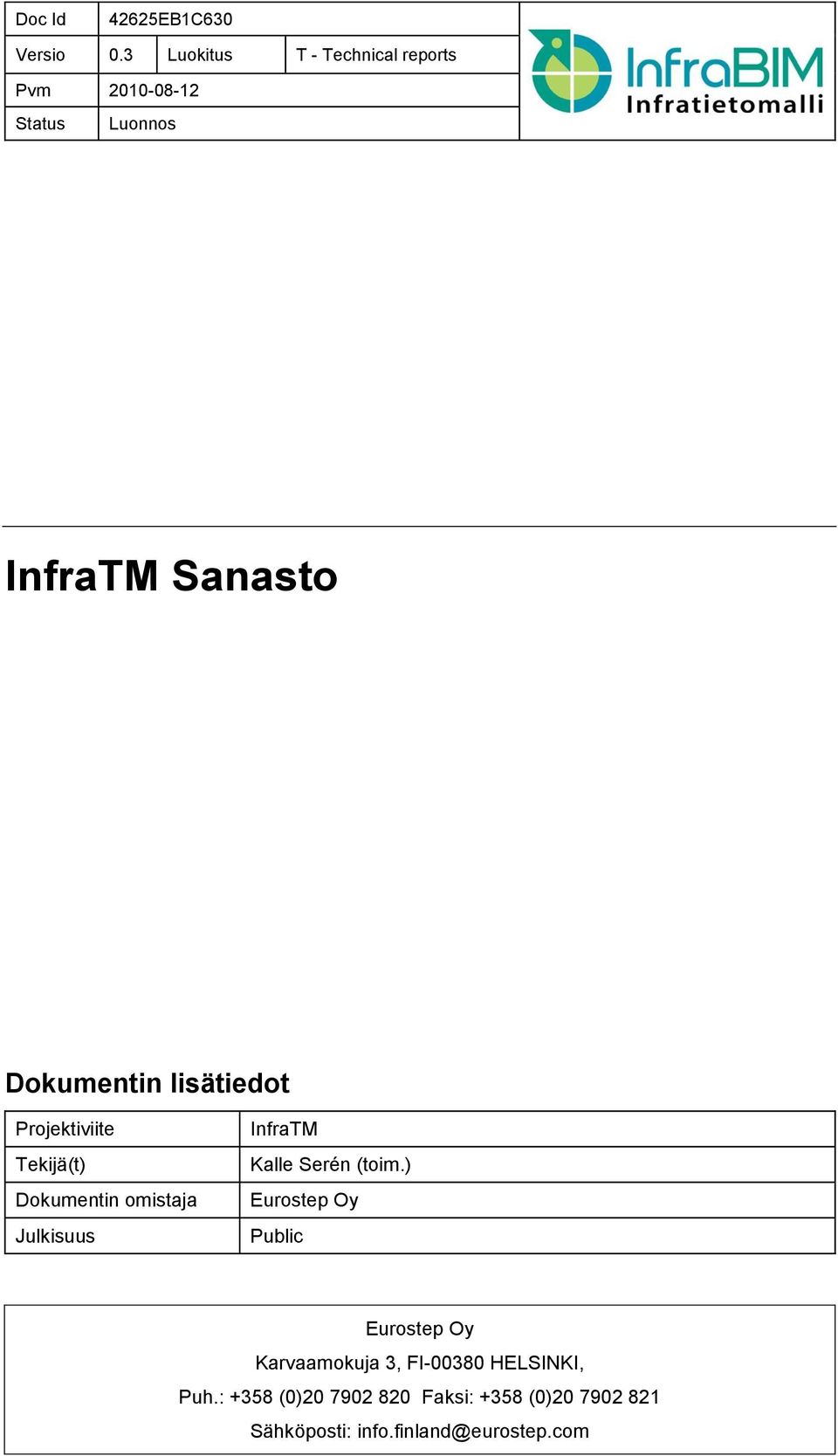 lisätiedot Projektiviite Tekijä(t) Dokumentin omistaja Julkisuus InfraTM Kalle Serén (toim.