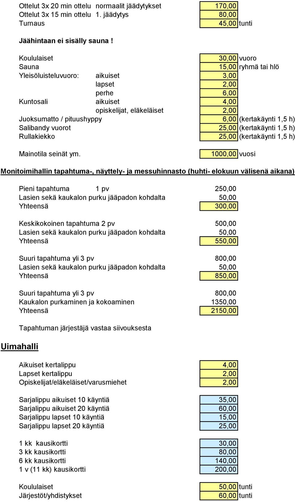 (kertakäynti 1,5 h) Salibandy vuorot 25,00 (kertakäynti 1,5 h) Rullakiekko 25,00 (kertakäynti 1,5 h) Mainotila seinät ym.