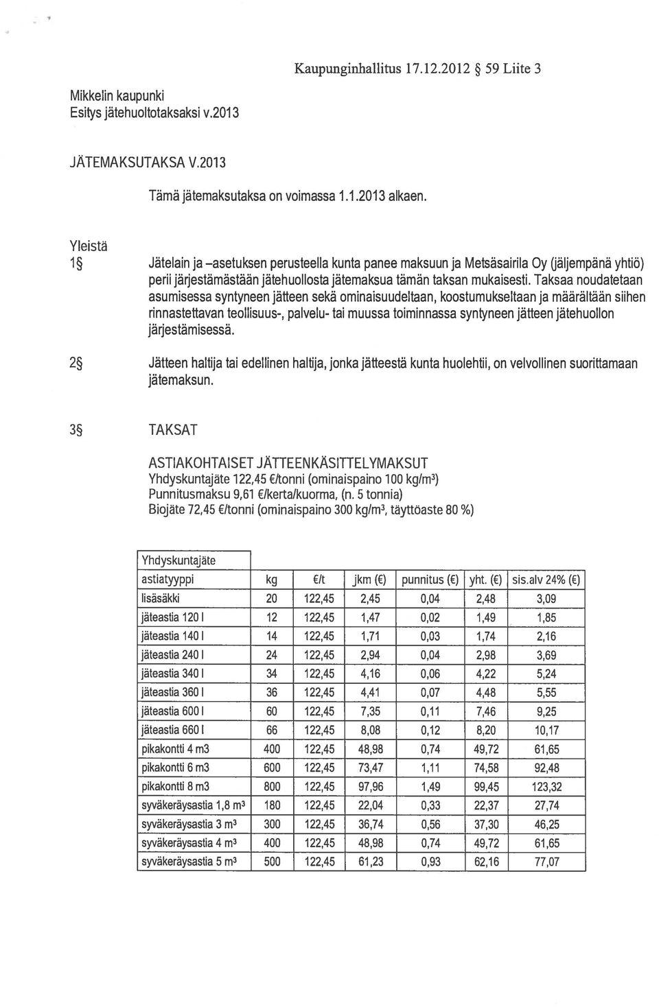 Taksaa noudatetaan asumisessa syntyneen jätteen sekä ominaisuudeltaan, koostumukseltaan ja määrältään siihen rinnastettavan teollisuus-, palvelu- tai muussa toiminnassa syntyneen jätteen jätehuollon