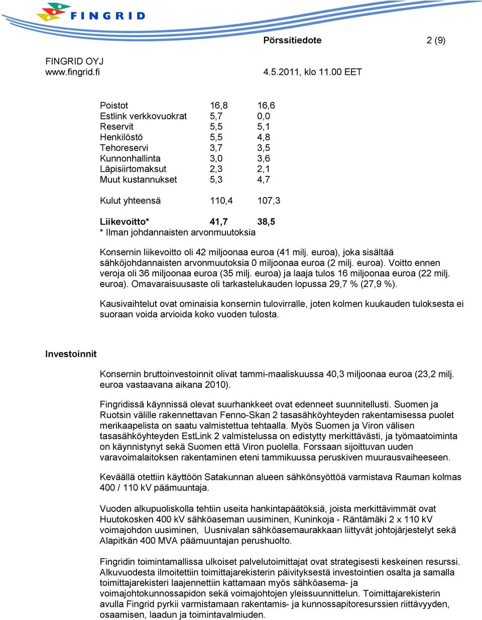 euroa), joka sisältää sähköjohdannaisten arvonmuutoksia 0 miljoonaa euroa (2 milj. euroa). Voitto ennen veroja oli 36 miljoonaa euroa (35 milj. euroa) ja laaja tulos 16 miljoonaa euroa (22 milj.