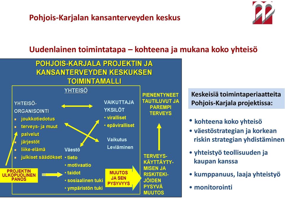 viralliset epäviralliset Vaikutus Leviäminen MUUTOS JA SEN PYSYVYYS PIENENTYNEET TAUTILUVUT JA PAREMPI TERVEYS YHTEISÖ- TERVEYS- KÄYTTÄYTY- MISEN JA RISKITEKI- JÖIDEN PYSYVÄ MUUTOS Keskeisiä