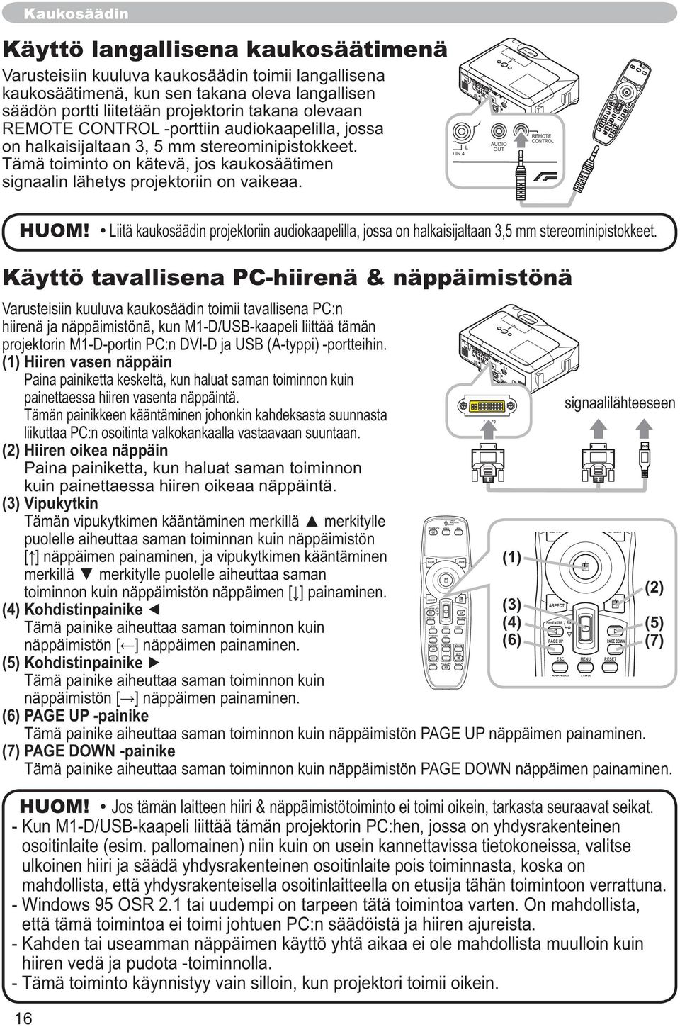 PUSH ENTER ASPECT BLANK LASER LASER INDICATOR HUOM! Liitä kaukosäädin projektoriin audiokaapelilla, jossa on halkaisijaltaan 3,5 mm stereominipistokkeet.