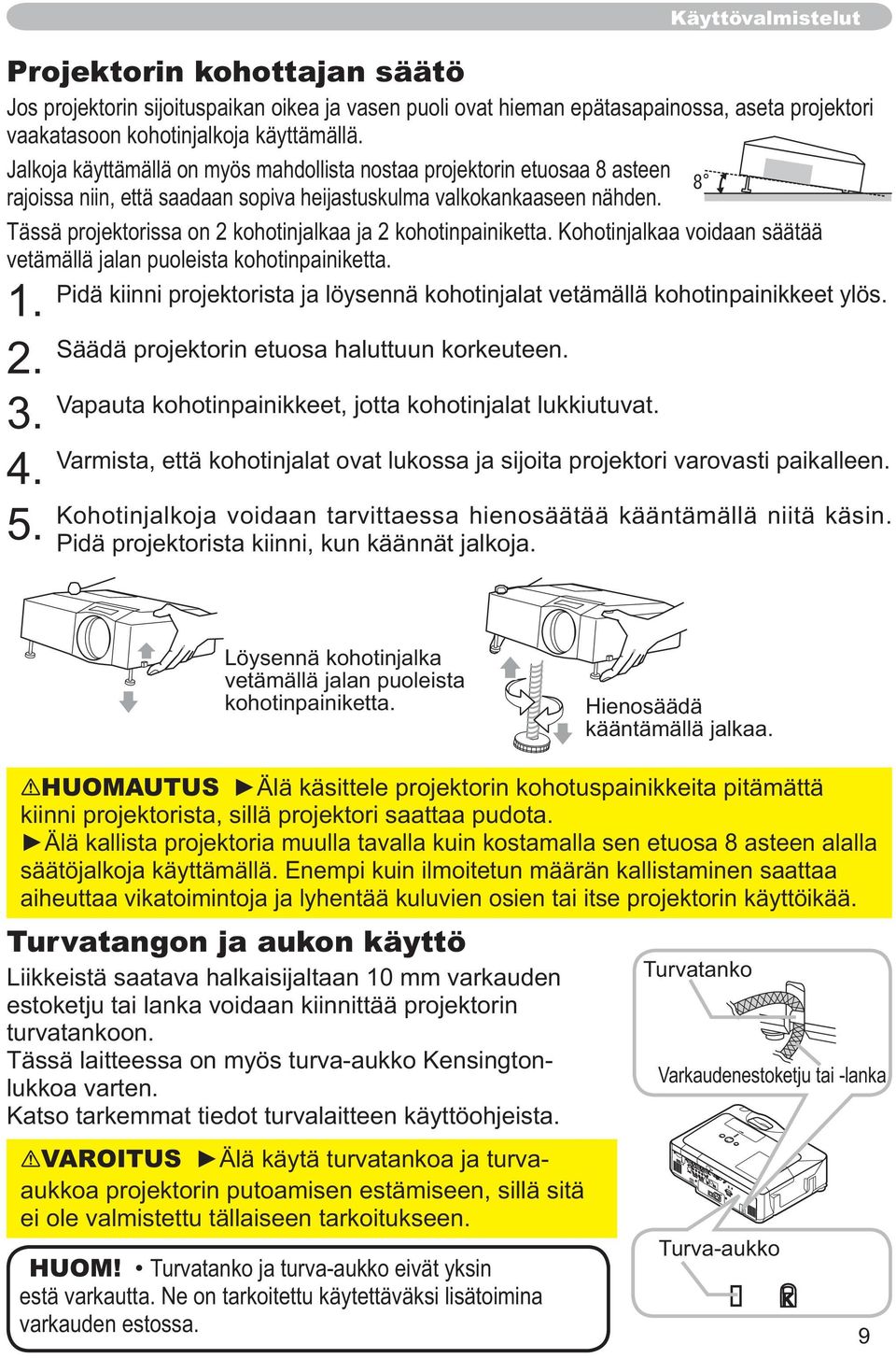 Tässä projektorissa on 2 kohotinjalkaa ja 2 kohotinpainiketta. Kohotinjalkaa voidaan säätää vetämällä jalan puoleista kohotinpainiketta.
