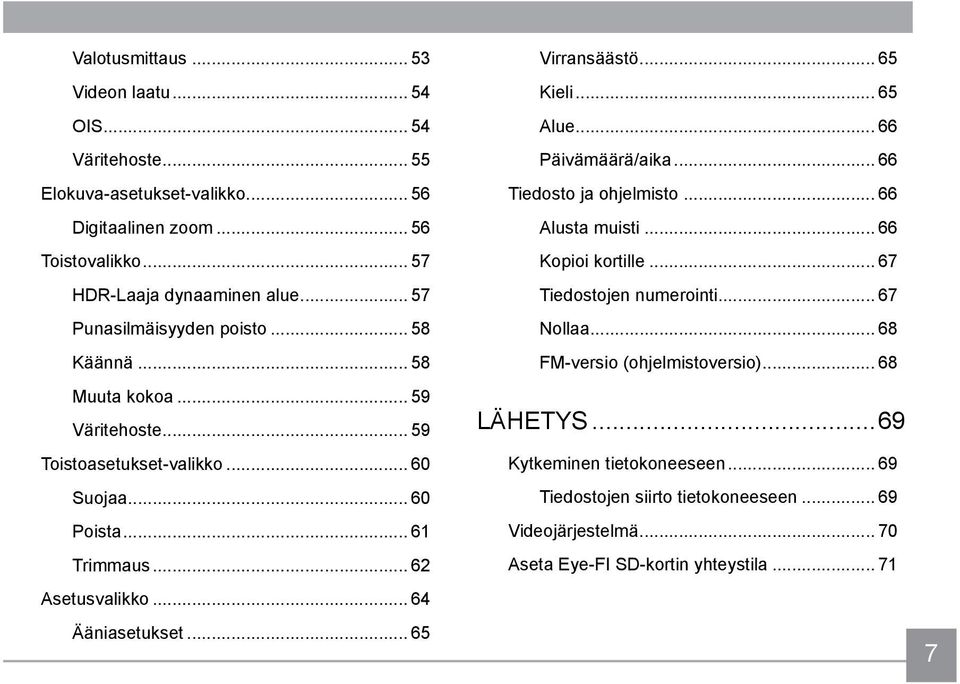 .. 64 Ääniasetukset... 65 Virransäästö... 65 Kieli... 65 Alue... 66 Päivämäärä/aika... 66 Tiedosto ja ohjelmisto... 66 Alusta muisti... 66 Kopioi kortille... 67 Tiedostojen numerointi.