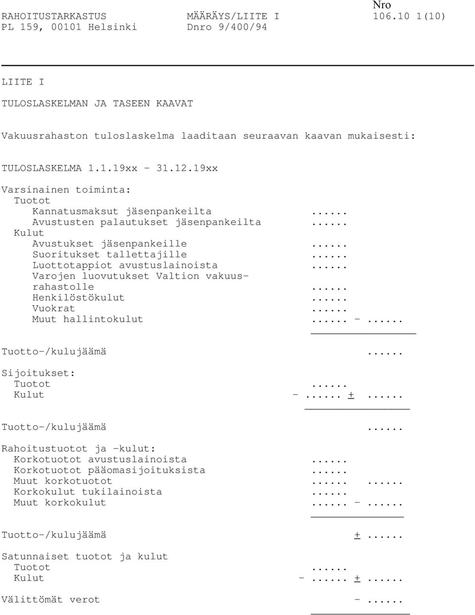 .. Luottotappiot avustuslainoista... Varojen luovutukset Valtion vakuusrahastolle... Henkilöstökulut... Vuokrat... Muut hallintokulut... -... Tuotto-/kulujäämä... Sijoitukset: Tuotot... Kulut -... +.