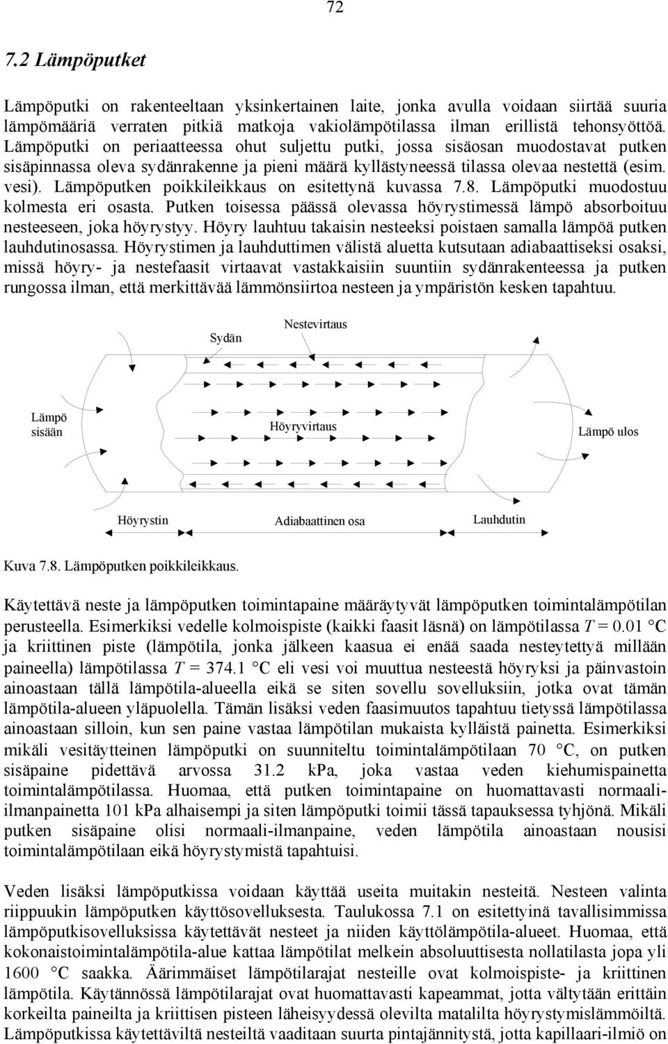 Lämpöputken poikkileikkaus on esitettynä kuvassa 7.8. Lämpöputki muodostuu kolmesta eri osasta. Putken toisessa päässä olevassa höyrystimessä lämpö absorboituu nesteeseen, joka höyrystyy.