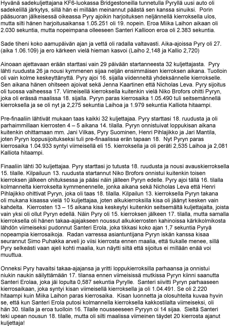 030 sekuntia, mutta nopeimpana olleeseen Santeri Kallioon eroa oli 2.383 sekuntia. Sade tiheni koko aamupäivän ajan ja vettä oli radalla valtavasti. Aika-ajoissa Pyry oli 27. (aika 1.06.