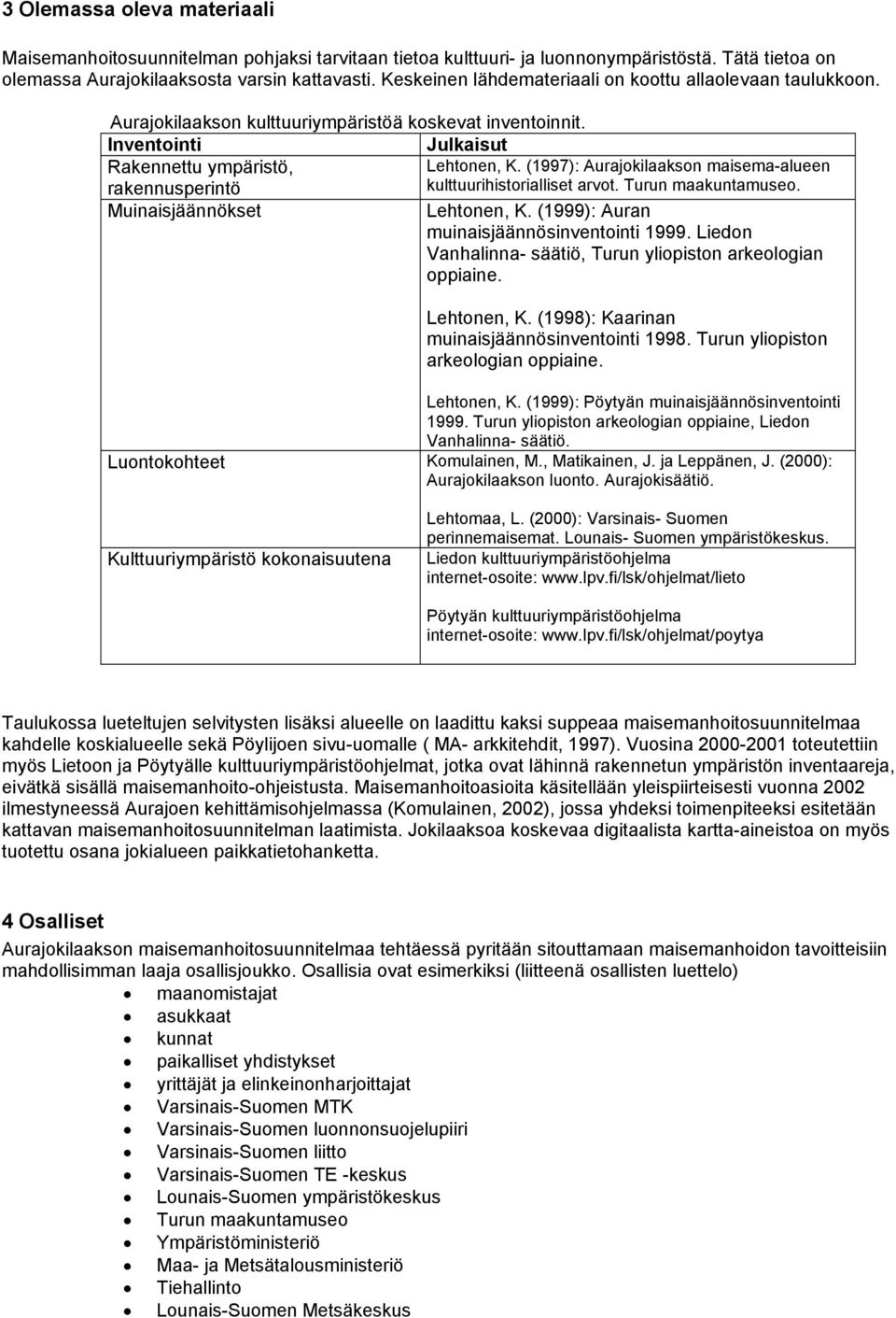 Inventointi Julkaisut Rakennettu ympäristö, rakennusperintö Muinaisjäännökset Lehtonen, K. (1997): Aurajokilaakson maisema-alueen kulttuurihistorialliset arvot. Turun maakuntamuseo. Lehtonen, K. (1999): Auran muinaisjäännösinventointi 1999.