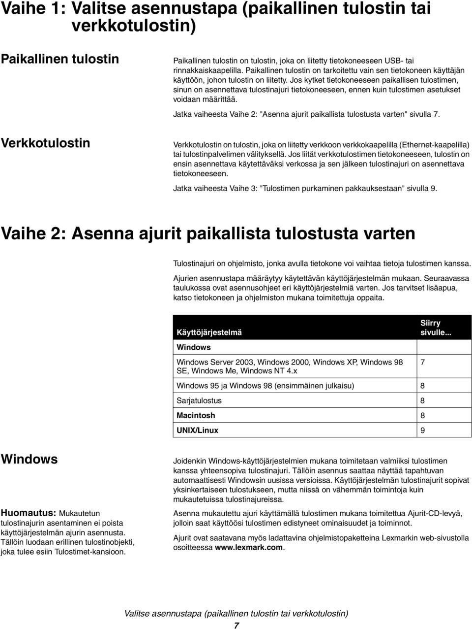 Jos kytket tietokoneeseen paikallisen tulostimen, sinun on asennettava tulostinajuri tietokoneeseen, ennen kuin tulostimen asetukset voidaan määrittää.