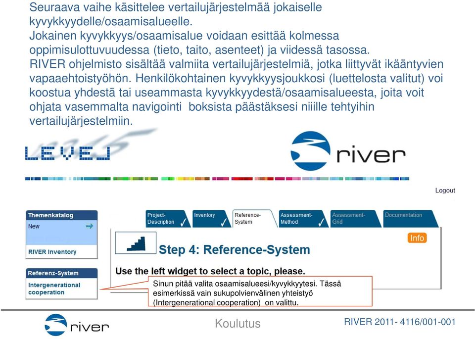 RIVER ohjelmisto sisältää valmiita vertailujärjestelmiä, jotka liittyvät ikääntyvien vapaaehtoistyöhön.
