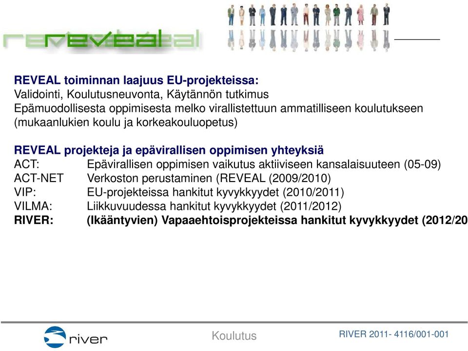 oppimisen vaikutus aktiiviseen kansalaisuuteen (05-09) ACT-NET Verkoston perustaminen (REVEAL (2009/2010) VIP: EU-projekteissa hankitut