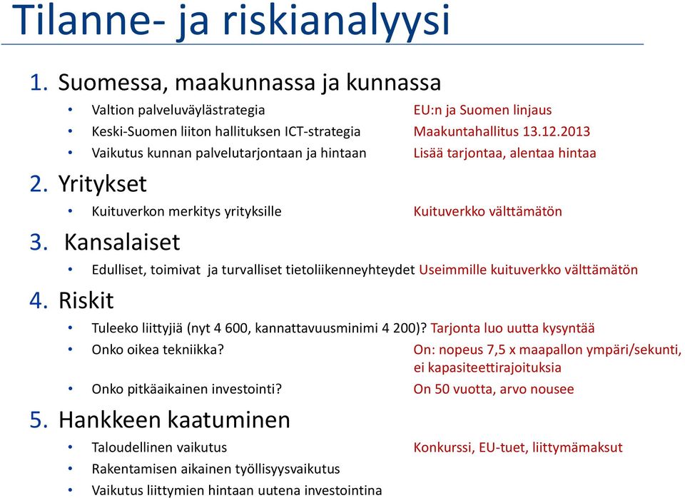 Kansalaiset Edulliset, toimivat ja turvalliset tietoliikenneyhteydet Useimmille kuituverkko välttämätön 4. Riskit Tuleeko liittyjiä (nyt 4 600, kannattavuusminimi 4 200)?