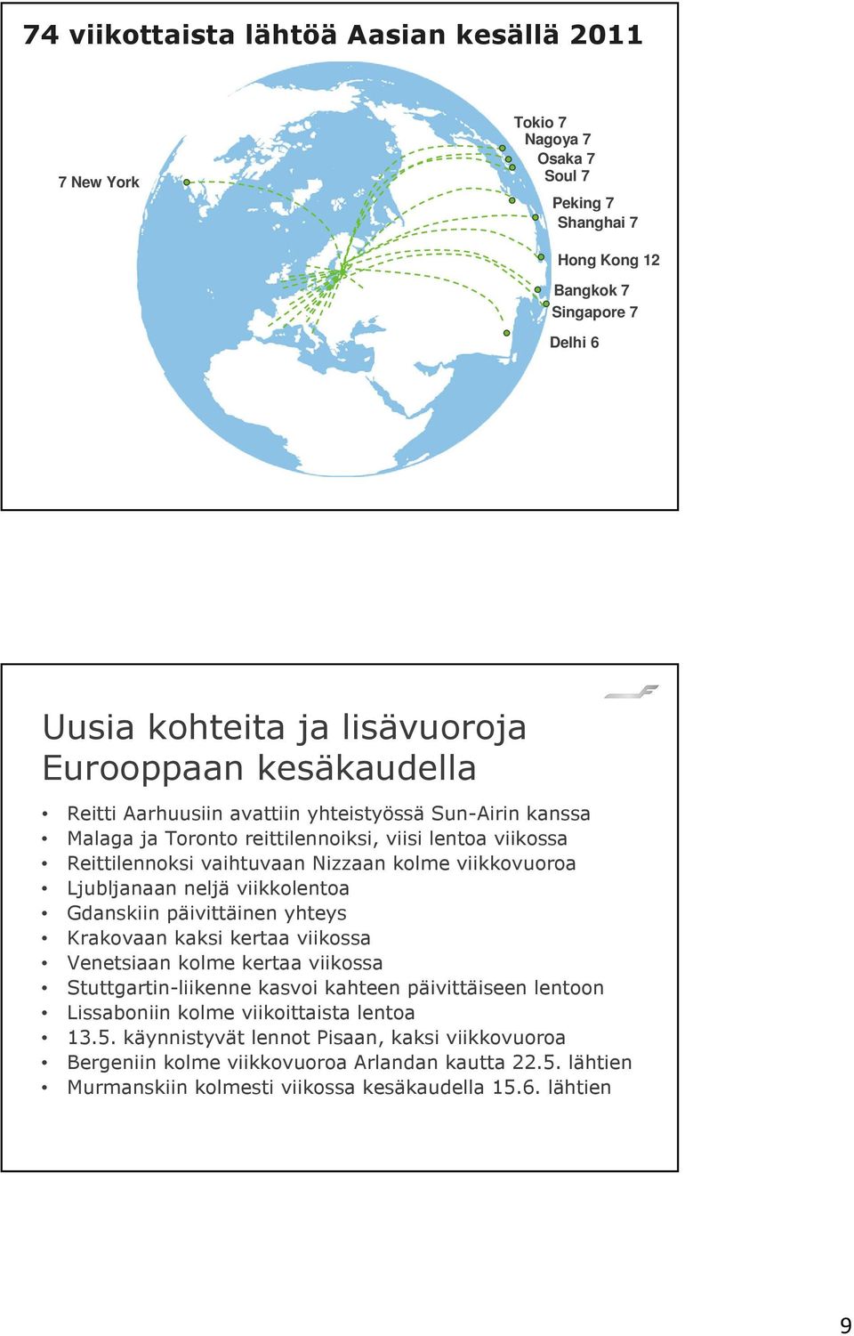 Ljubljanaan neljä viikkolentoa Gdanskiin päivittäinen yhteys Krakovaan kaksi kertaa viikossa Venetsiaan kolme kertaa viikossa Stuttgartin-liikenne kasvoi kahteen päivittäiseen lentoon