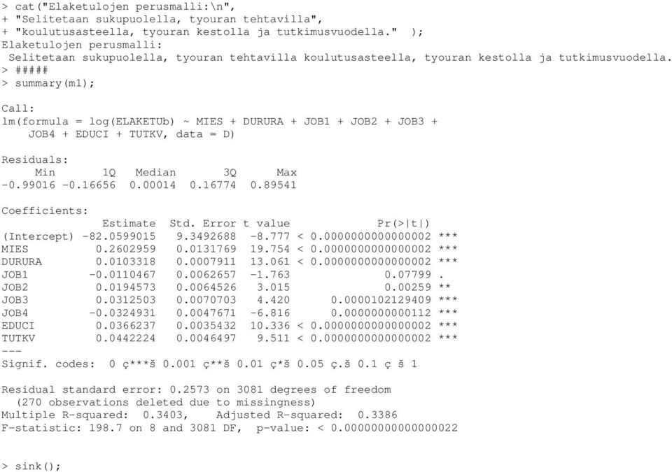 > ##### > summary(m1); Call: lm(formula = log(elaketub) ~ MIES + DURURA + JOB1 + JOB2 + JOB3 + JOB4 + EDUCI + TUTKV, data = D) Residuals: Min 1Q Median 3Q Max -0.99016-0.16656 0.00014 0.16774 0.